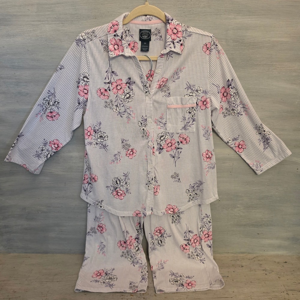 Vintage Laura Ashley 60% Cotton Floral Striped Pajama Sleepwear Set Medium GC